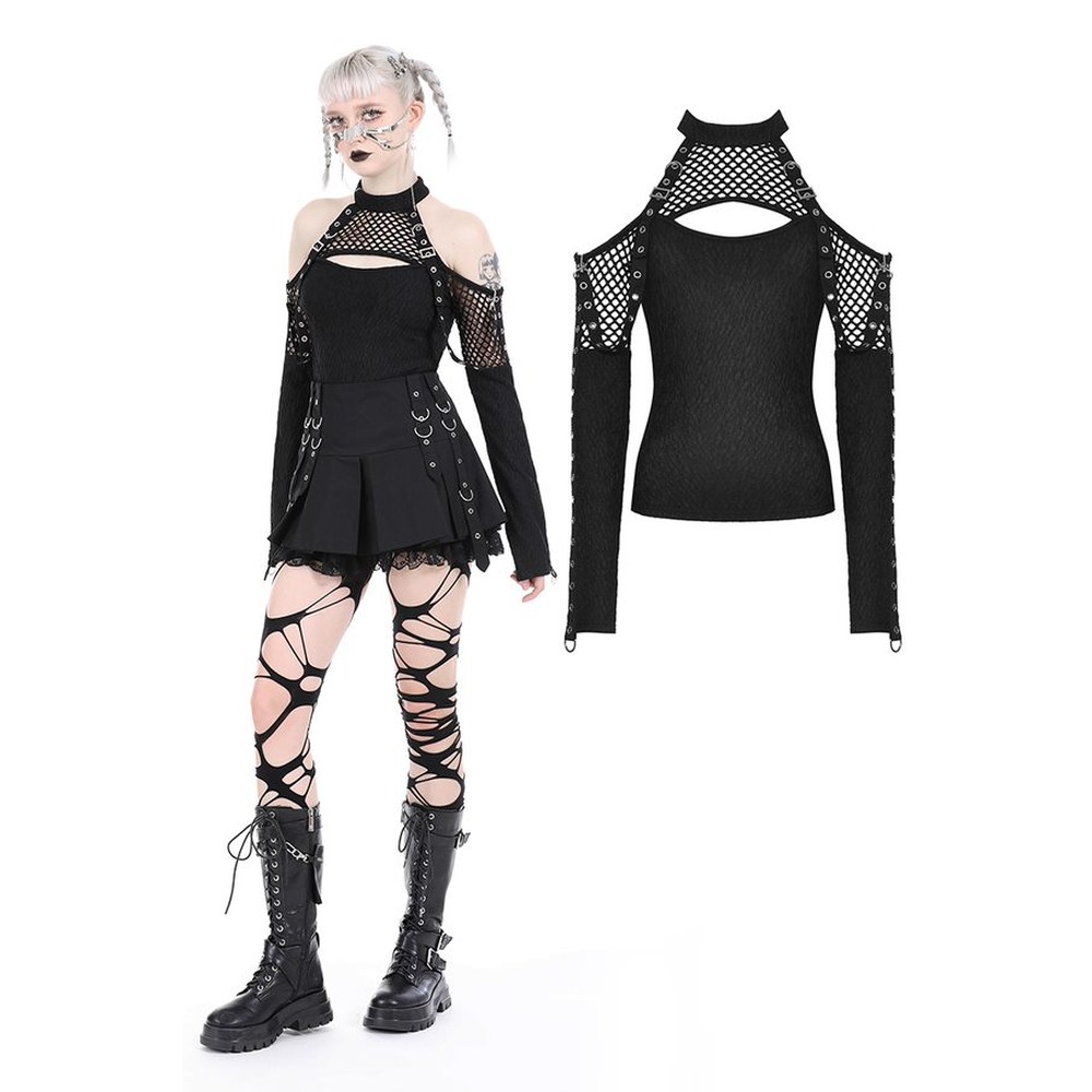 Dark in Love - Punk locomotive net cutout Lange ärmel top - Schwarz